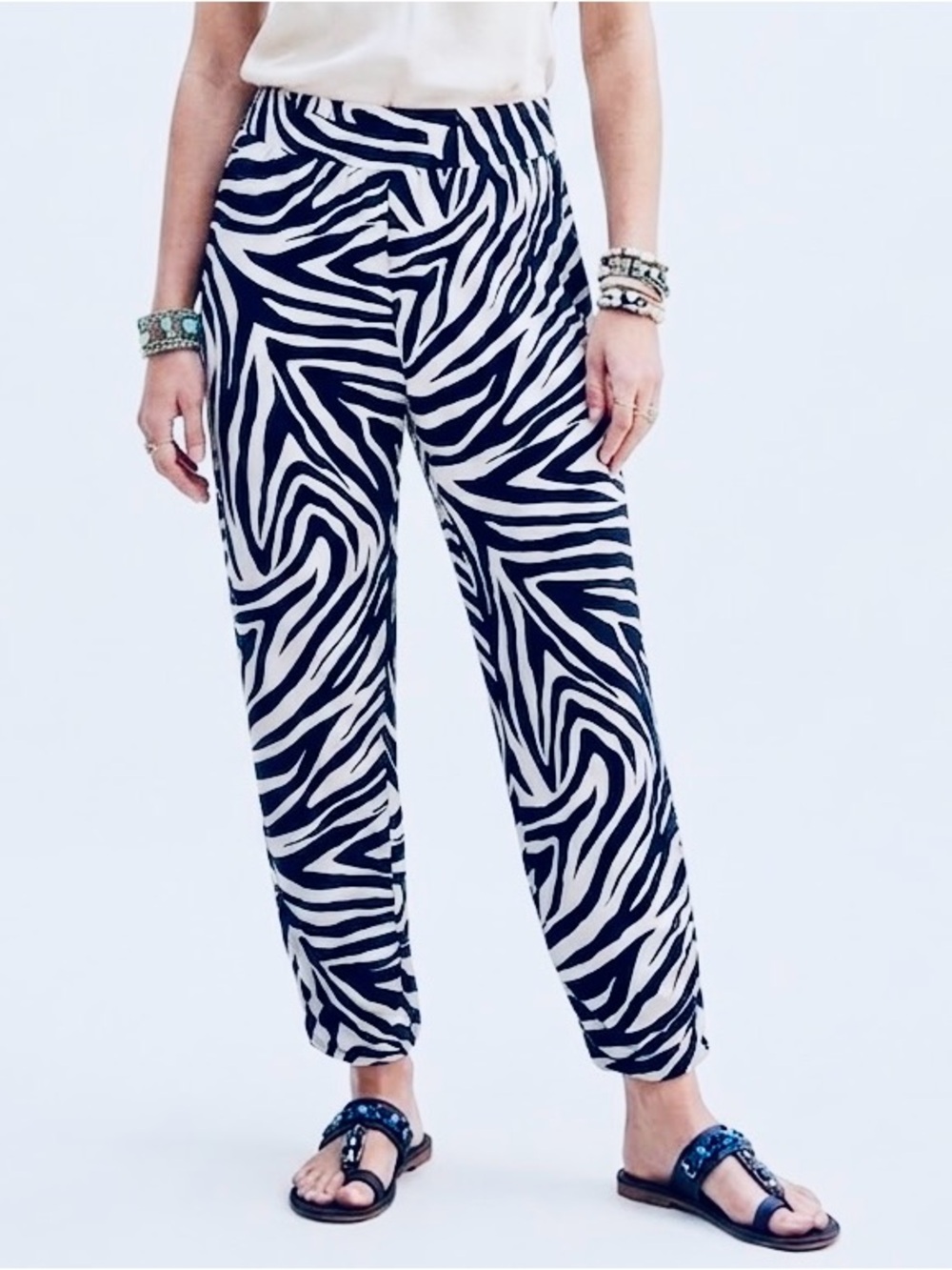 CHICO’S Comfy & Stretchy Navy Blue & White Zebra-Print Pull-On Harem Pants LHP